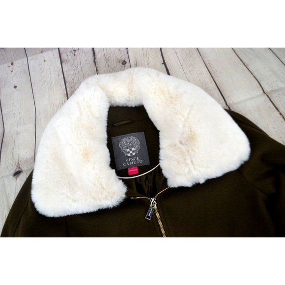VINCE CAMUTO Women's Detachable Faux Fur Collar Full Zip Peacoat SMALL Olive NWT - Picture 9 of 10